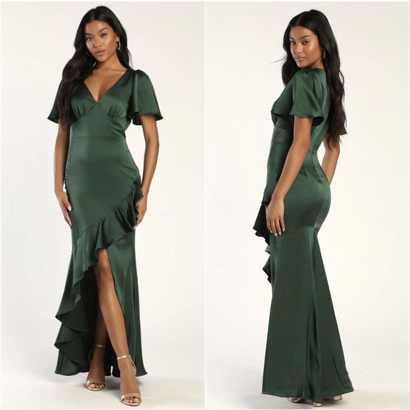 NEW LULUS Eternal Bond Emerald Satin Ruffled Flutter Sleeve Maxi Dress Medium - Picture 1 of 6